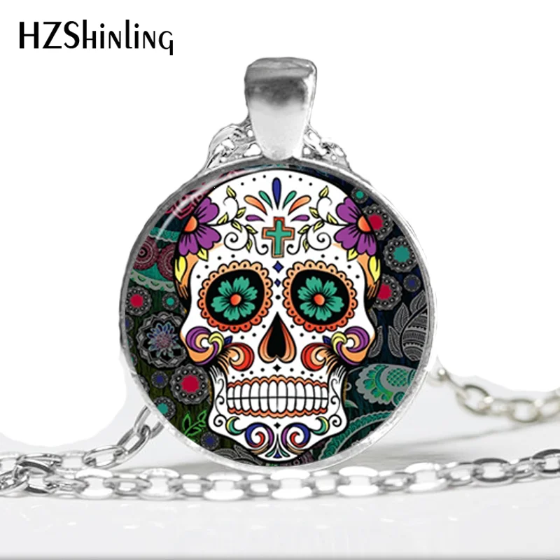 Glass Photo Pendant Necklace Cross Giant Cutout Sugar Skulls Skull Cabochon HZ1 | Украшения и аксессуары
