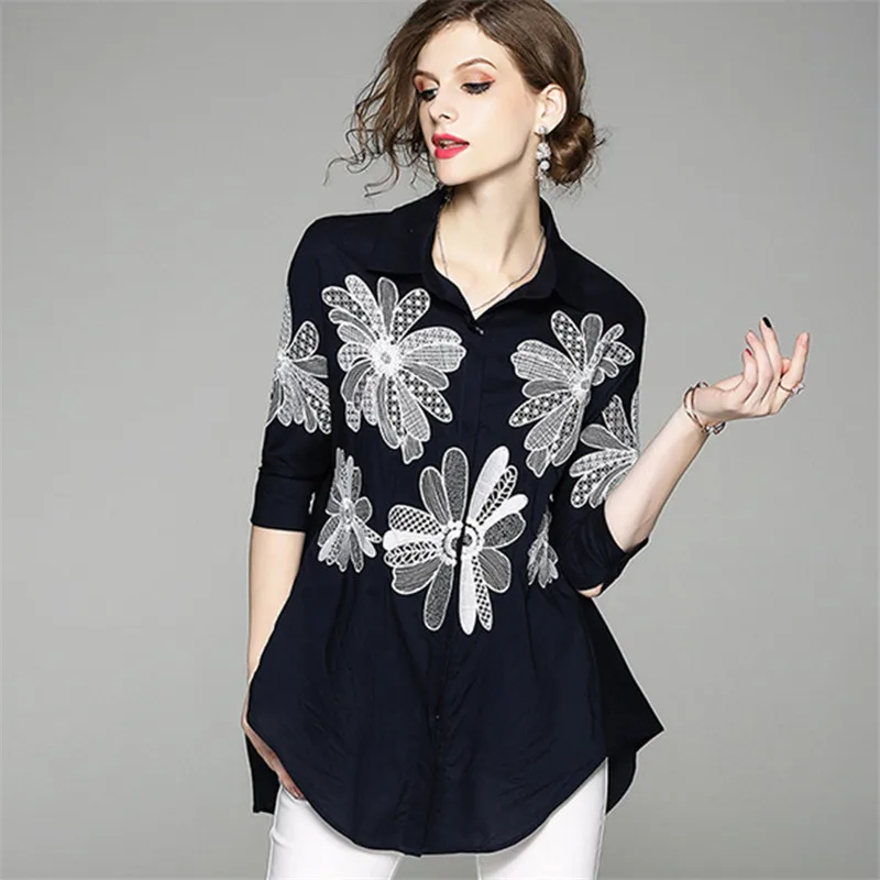 Новинка модная офисная рубашка с вышивкой отложным воротником и рукавом в семь