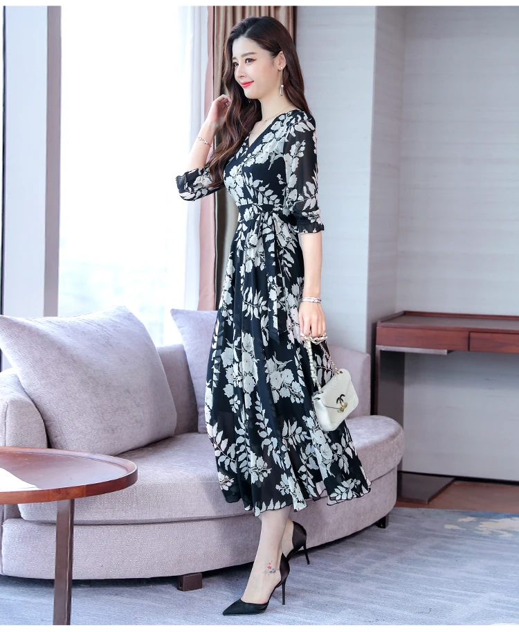 High Quality Plus Size Fashion Autumn New Arrival Collect Waist 3/4 Sleeve FeatherPrinting Woman Long V Neck Chiffon Dress