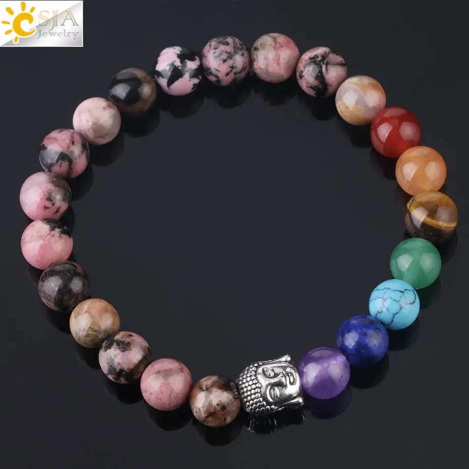 Line Rhodonite CSJA чакра натуральный камень эластичный браслет голова Будды бисерные браслеты рейки лечебный Кристал, кварц Йога для женщин мужчин ювелирные изделия F988 - Окраска металла: Line Rhodonite