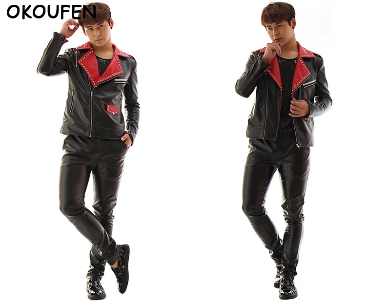 Star Styles Red &amp Black Leather Jacket Costumes Nightclub Bar Stage Concert Show DJ singer performance coat |