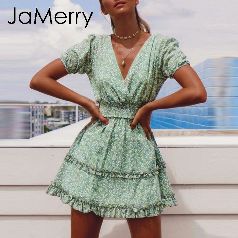 JaMerry Boho пляжное Хлопковое платье с цветочным принтом летнее зеленое рюшами и