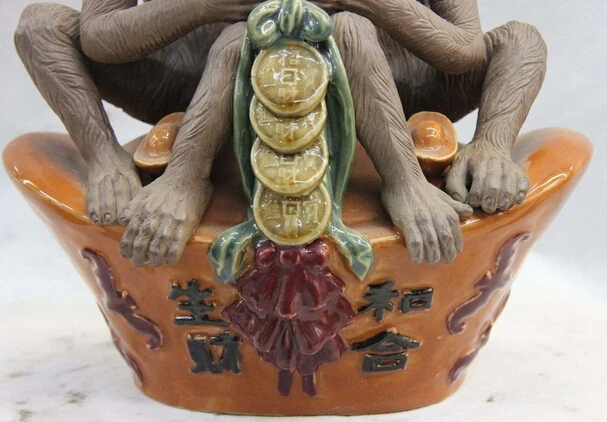 fast shipping USPS to USA S0804 China pottery WuCai Porcelain Blessing Yuan Bao Wealth Money Two Monkey Statue | Дом и сад