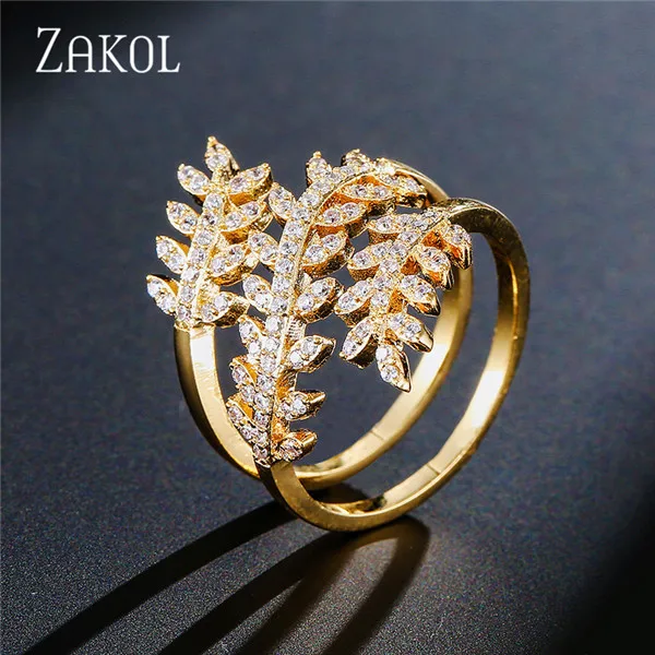 Gold Color Модные открытые кольца с микро-покрытием из кубического циркония от ZAKOL, регулируемые кольца на палец с кристаллами и листьями для женщин, свадебные ювелирные изделия FSRP223 - Цвет основного камня: Gold Color