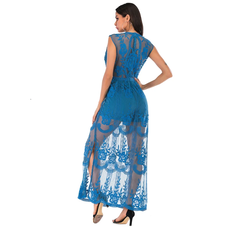 SESOAF Women Sexy Short Sleeve Long Dress Deep V-Neck Lace Romper Hot Selling On Amazon Maxi Party Wedding Vestido | Женская одежда