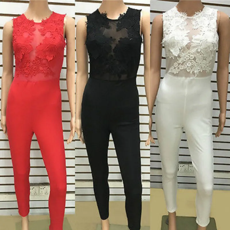 Пикантные модные женские туфли рукавов бинты Bodycon комбинезон Кружево Мотобрюки