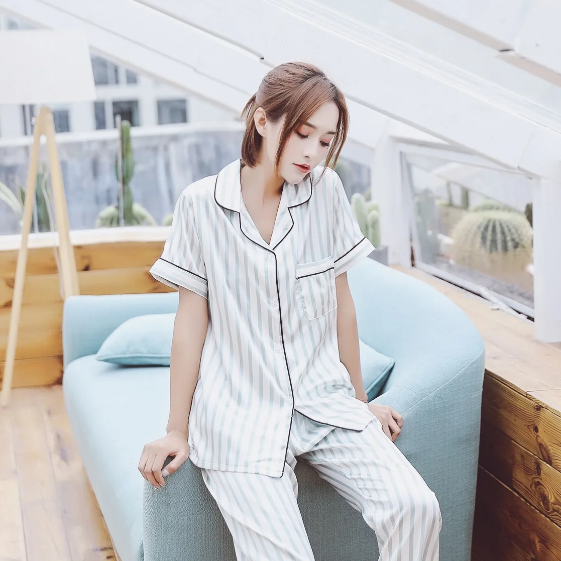 New silk products ladies' short sleeves trousers pajamas casual wear comfortable stripes and slippery home clothes |
