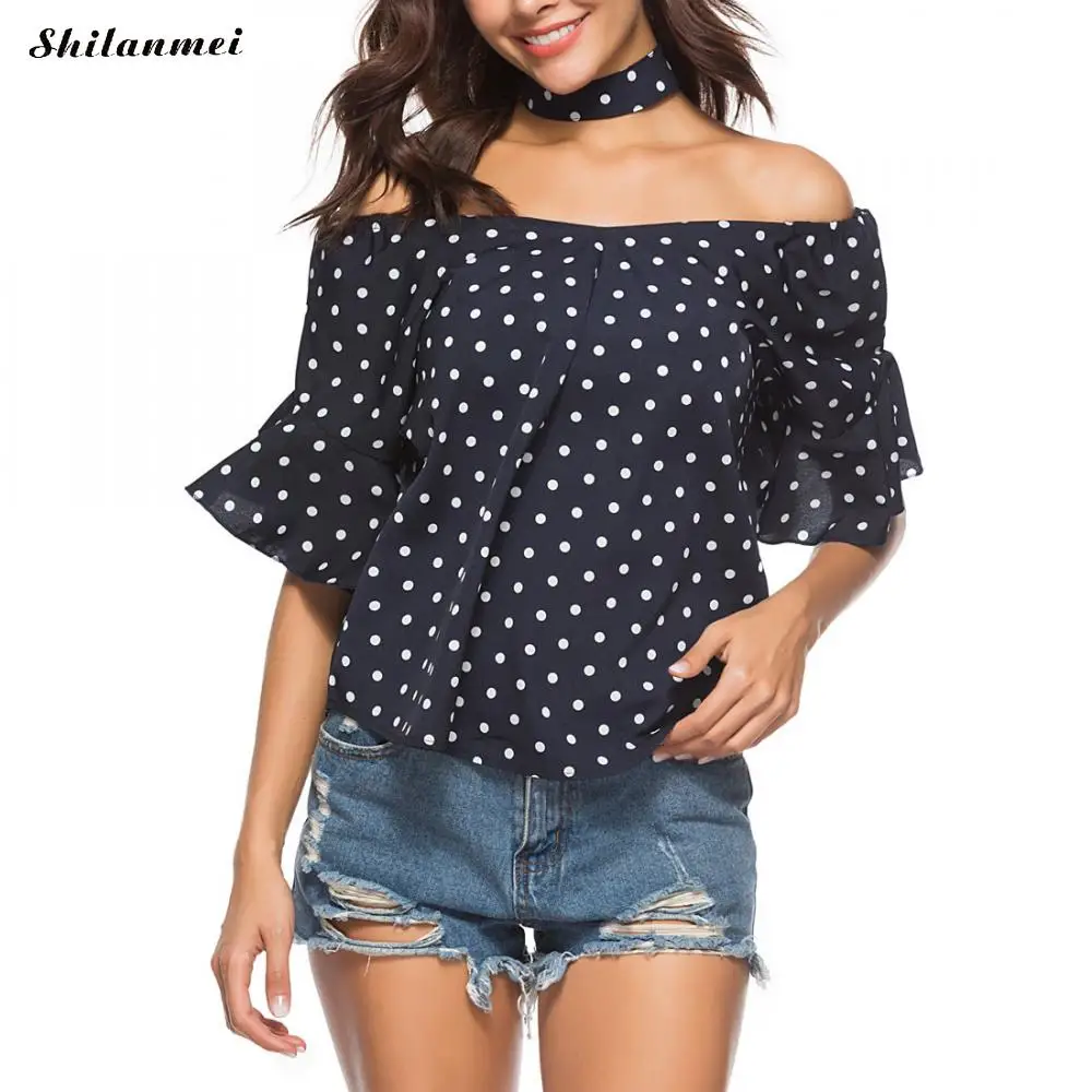 Сексуальная с открытыми плечами точечный принт шифон Блузка 2018 Летняя женская