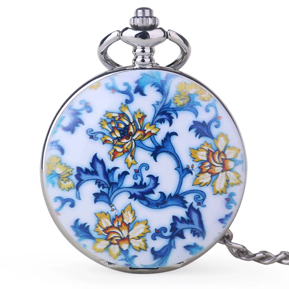 Hot Sale Blue and White Porcelain Flower Pocket Watches Roman Number Steampunk Mechanical Pocket Watches Men Women Fob Chain