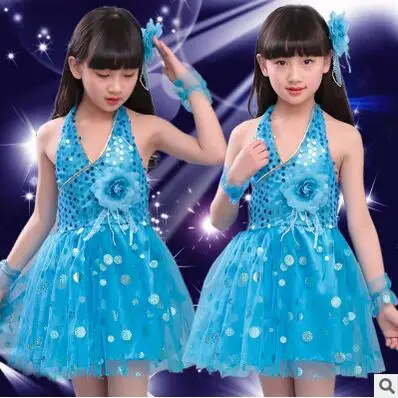 Синий Girls Latin Dance Costumes Children Kids Sequins Fringe Stage Performance Dress Veil Competition Girls Ballroom Dance Costumes - Цвет: Синий
