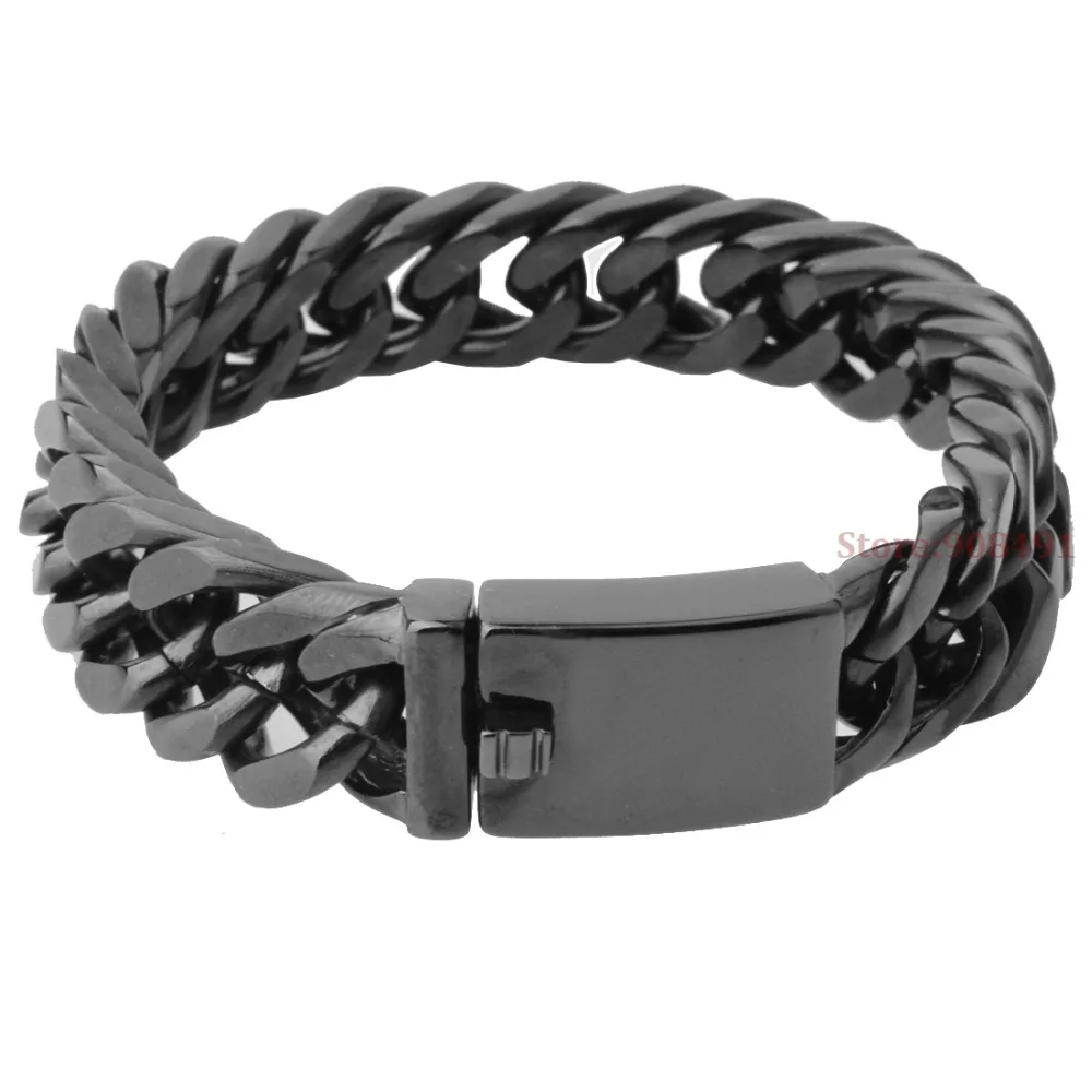 

New Fashion Mens Boys Hip Hop Black Stone Stainless Steel Heavy Curb Double Link Bracelet 15mm