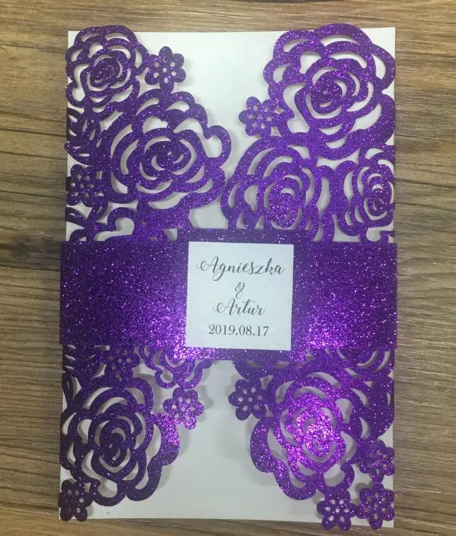 glitter purple Роскошная лазерная резка Блестящая серебряная бумага 3d Пригласительные открытки для свадьбы персонализированная печать со стандартным конвертом - Цвет: glitter purple