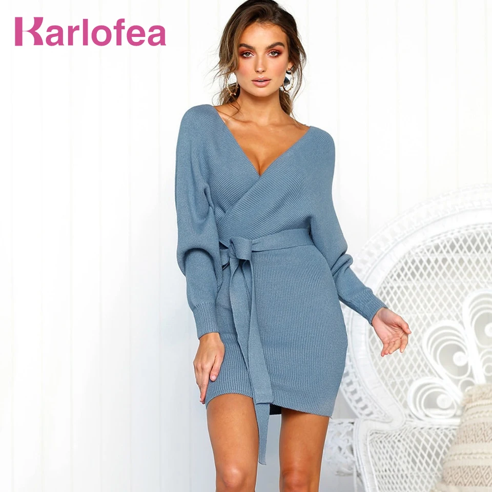 Karlofea осенне-зимнее платье-свитер модное женское Трикотажное короткое платье с