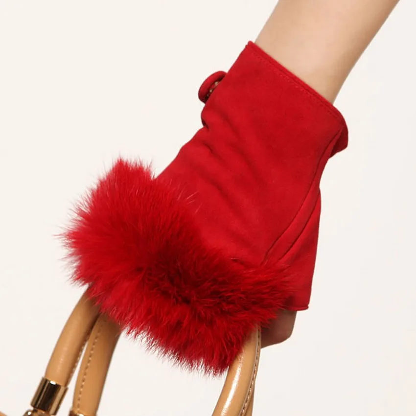 Модные замшевые кожаные перчатки варежки без пальцев из кроличьего меха для