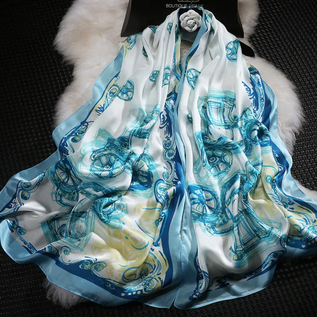 2018 new Women Winter Long Scarf Shawl Spring Autumn Female Blue Silk Scarves Printed Summer 100% Mulberry Beach Cover-ups | Аксессуары