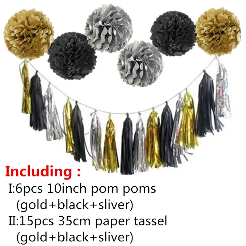 black poms tassel KAMMIZAD/Вечерние черные тканевые бумажные кисточки с помпонами на день рождения; розовые, blu баннеры на День рождения; принадлежности для детского дня рождения - Цвет: black poms tassel