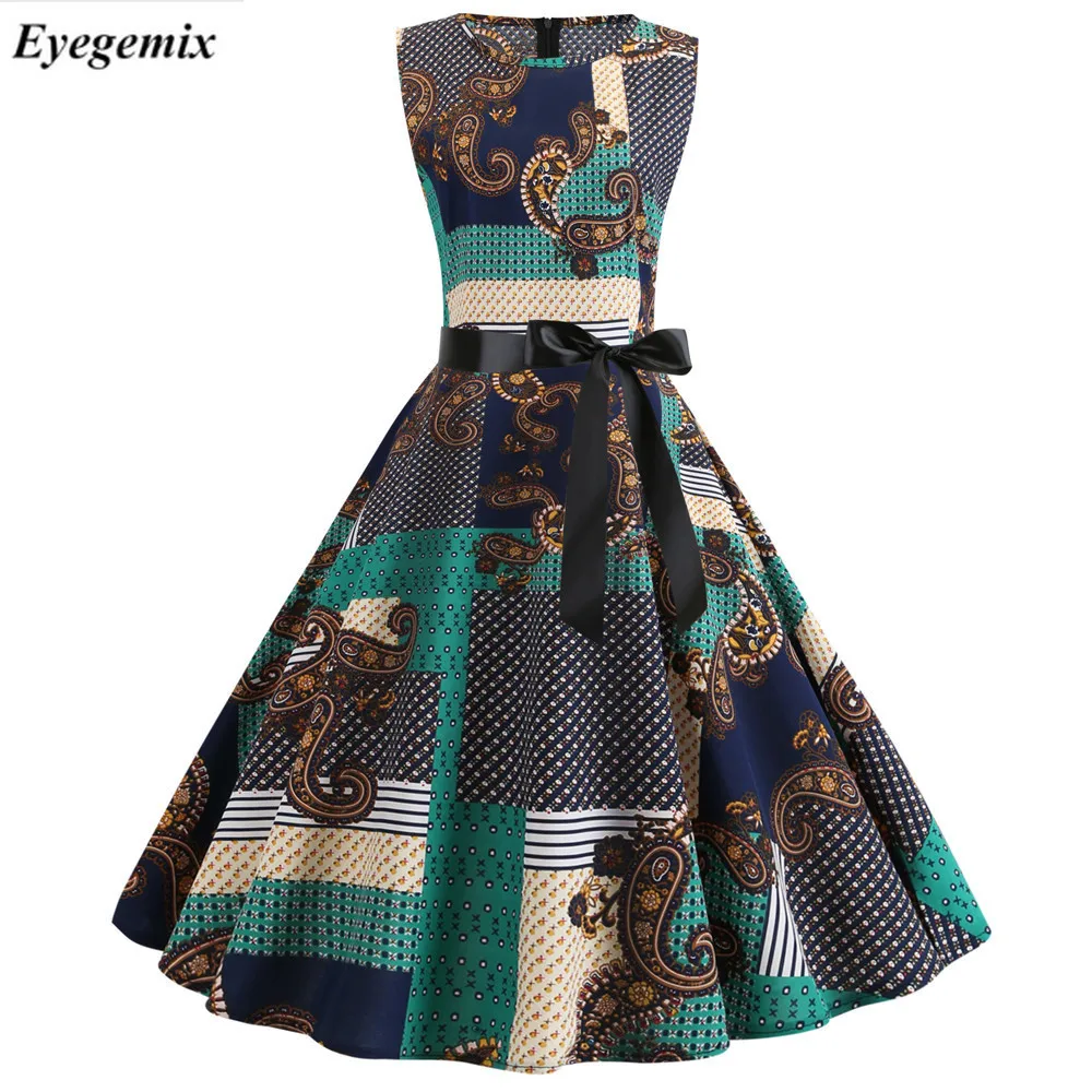 Цветочные принты винтажное платье с высокой талией женское 2019 летнее Vestido