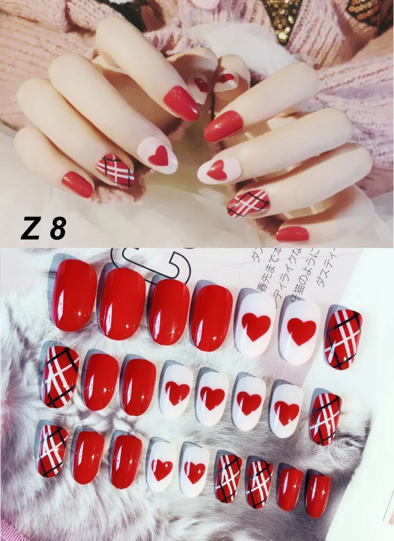 24 Pcs/Set False Nails Full Cover Artificial Fake Nails Press On Tips Painted Design Stickers Short Art Tips with Color Cute Red - Цвет: Z 8