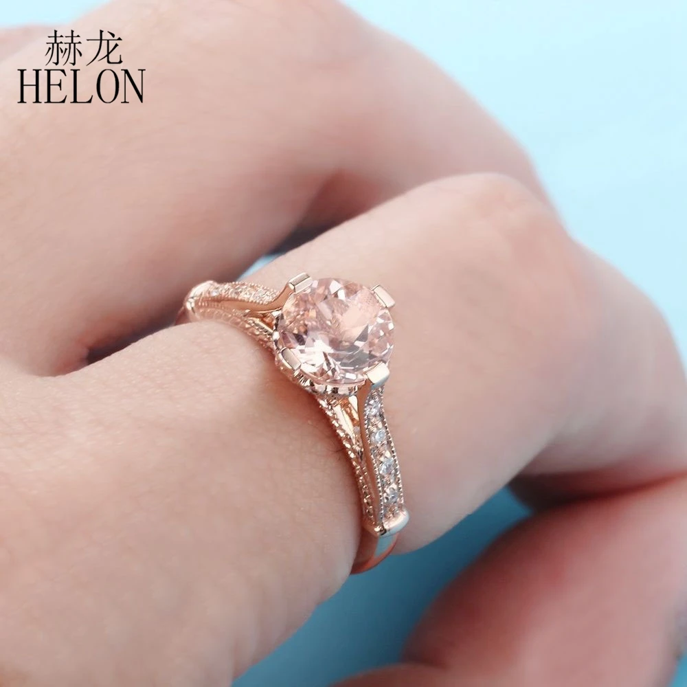 HELON Real 14 K розовое золото 7 мм круглый 1.44ct морганит Natual Алмазный старинный Античный стиль обручальное свадебное женское Ювелирное кольцо