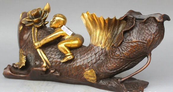 rui wholesale factory 13&quot Chinese Bronze Gild Boy Tong Zi Lad Seat Fish Louts Leaf Statue Sculpture | Дом и сад