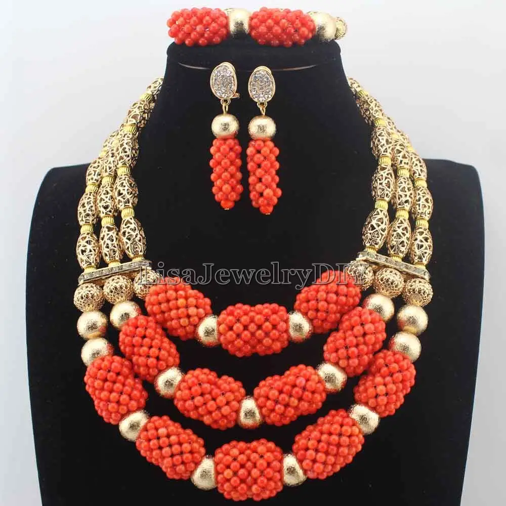 

2019 Latest New Orange Coral Beads african beads jewelry set Statement Necklace women Wedding gift Free Ship HD8675