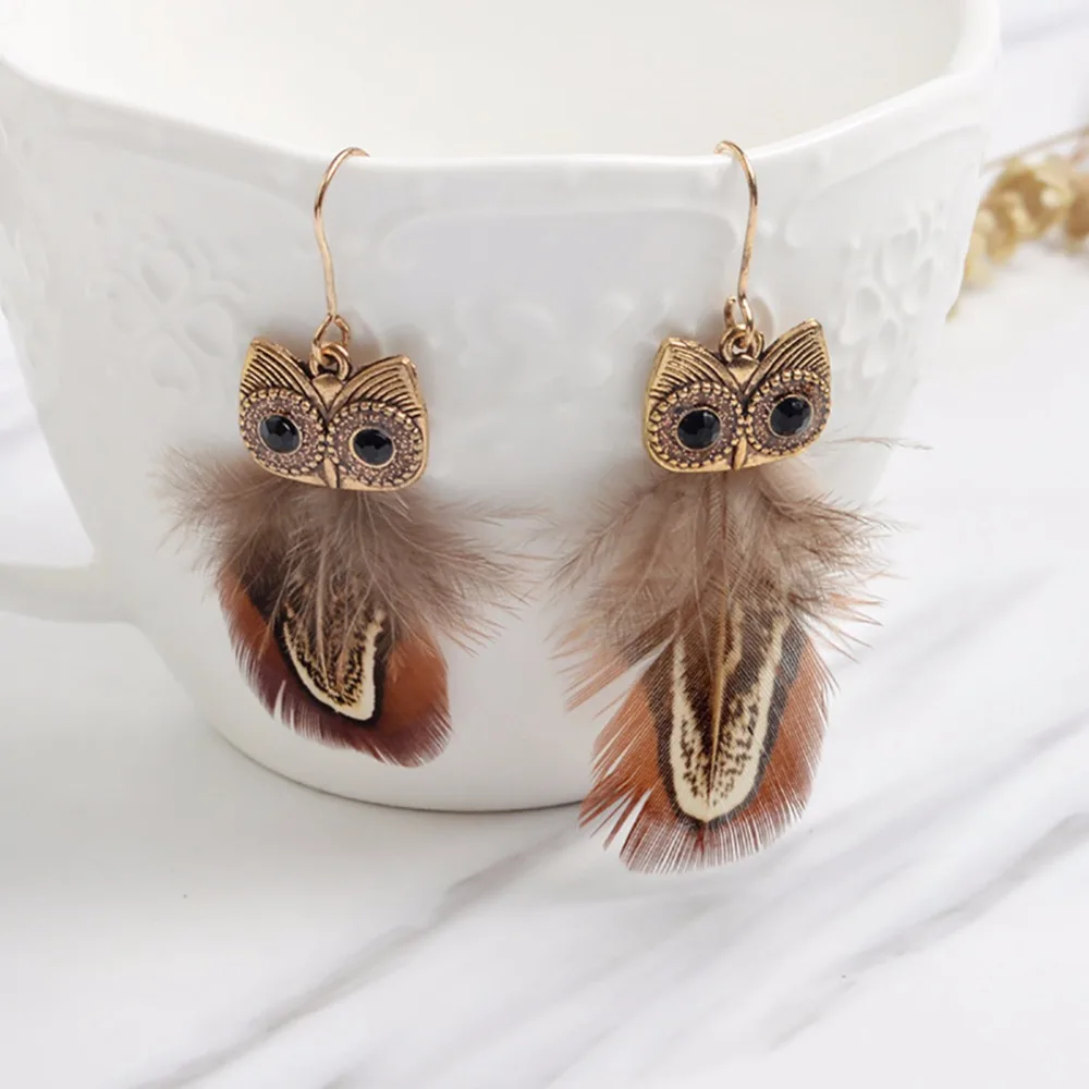 1 Pair Bohemia Owl Peacock Feather Crystal Earrings Dangle Earring Fashion Jewelry #249229 | Украшения и аксессуары