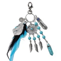 1pc women natural turquoise dreamcatcher keychain fashion silver boho jewelry feather leaf car key rings