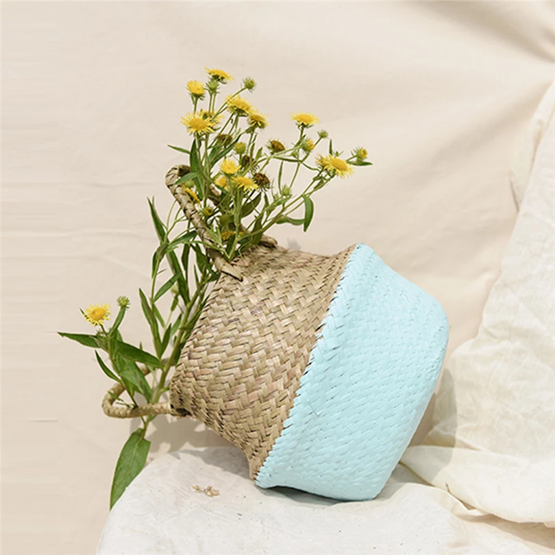 Handmade Bamboo Storage Baskets Foldable Laundry Straw Patchwork Wicker Rattan Seagrass Belly Garden Flower Pot Planter Basket25 | Дом и сад