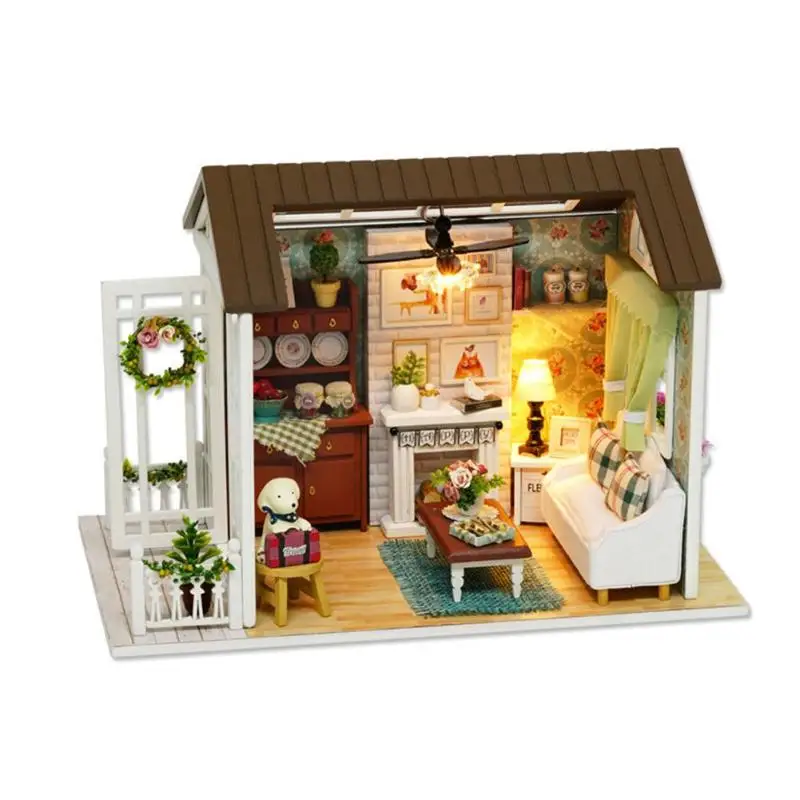 3D Деревянный Кукольный дом для малышей DIY Миниатюрный Кукольный домик с мебельным комплектом, Детские сборные мини-кукольные домики, модель игрушки для детей, подарки - Цвет: with Dust Cover 02