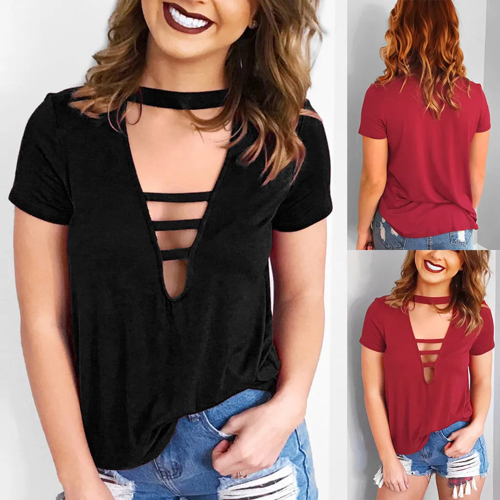Женская футболка с коротким рукавом Повседневная Однотонная v образным вырезом