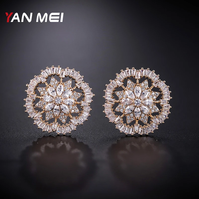

YANMEI Flower Hollow Luxury Stud Earrings For Women Cublic Zircon Earring Fashion Jewelry YME9028