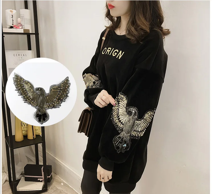 

New Eagles With Beaded Patches Fashion Applique Stick on Patch for Clothes Bags DIY Decal Apparel Accessory 1Set(2pcs)