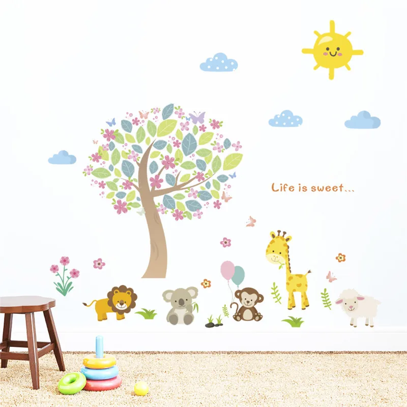 Прекрасный Животные красочные дерево стены стикеры для Kinderg Книги по искусству en