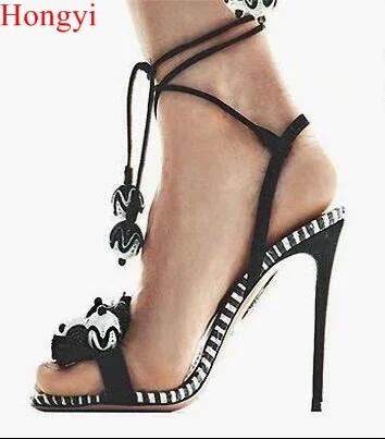 Beli Top Fashion Warna-warni Patchwork Rumbai Wanita Musim Panas Sandal Tumit Tinggi Renda Cut-Out Ankle Tali High Heel Strapp Sepatu Sandal