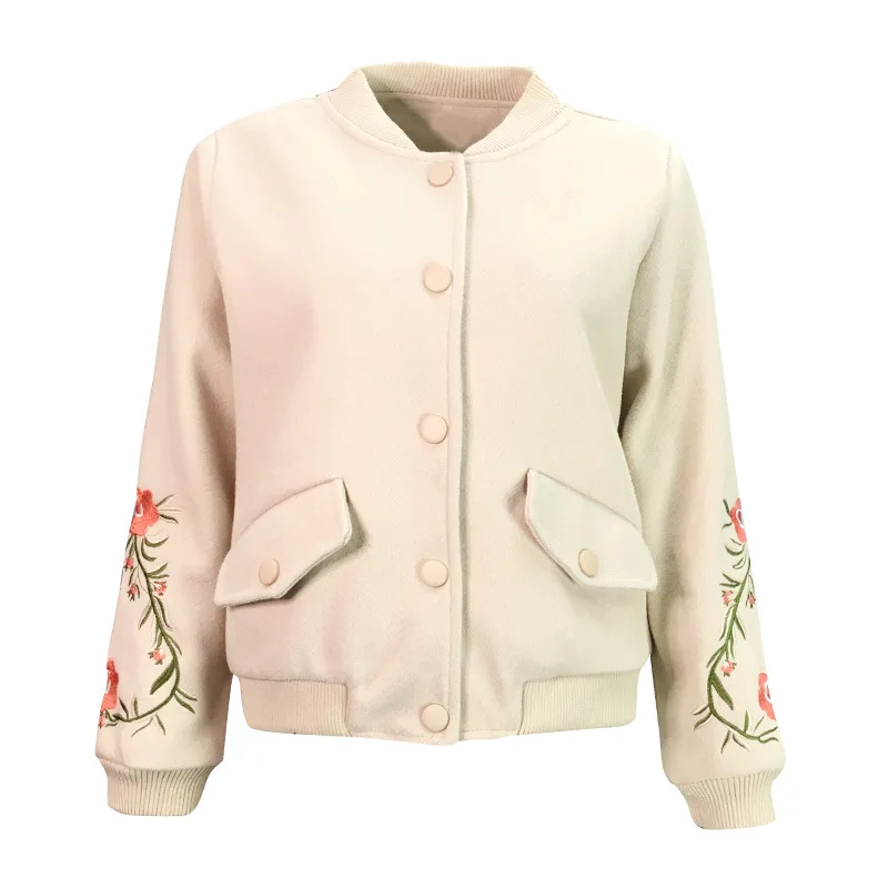Sweet O-neck Short Wool Coat Covered Botton Blend and Jacket Embroidery Solid Women Coats Autumn Winter | Женская одежда