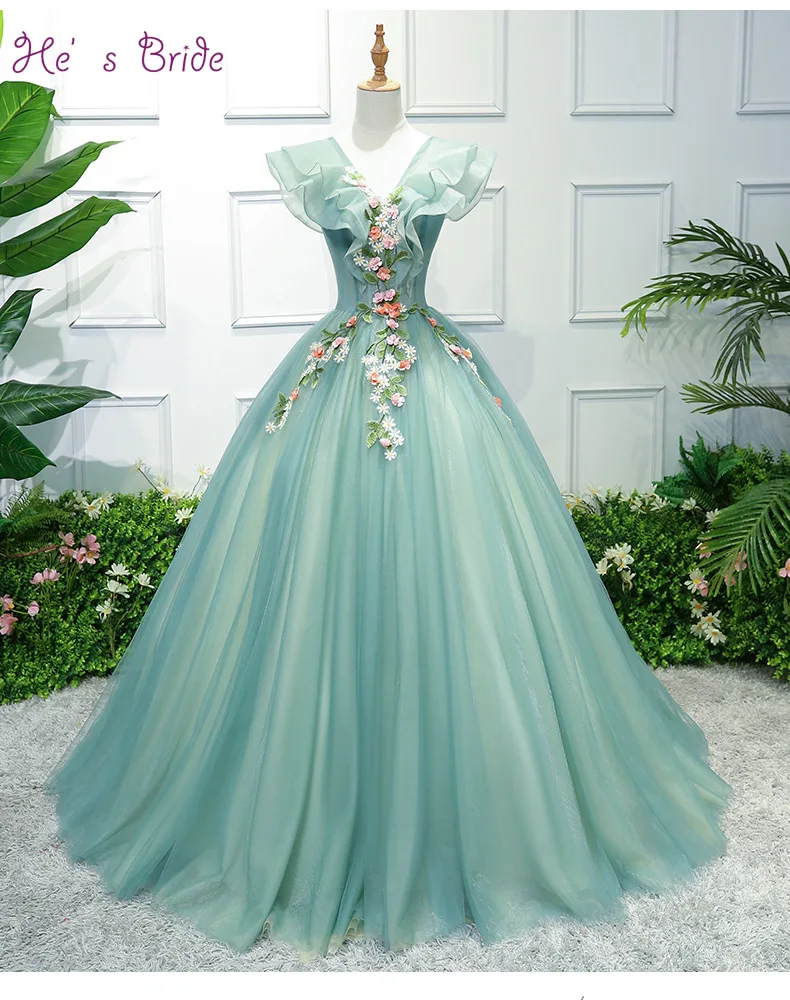 Женское свадебное платье It's Bride зеленое до пола с V образным вырезом коротким