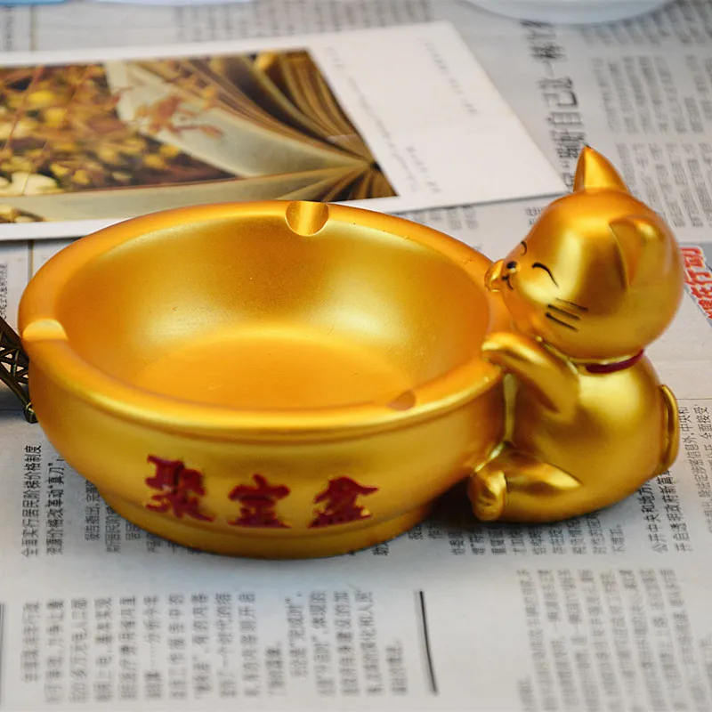 Золотистая пепельница Lucky Cat круглая для корнезорукости натуральная смола
