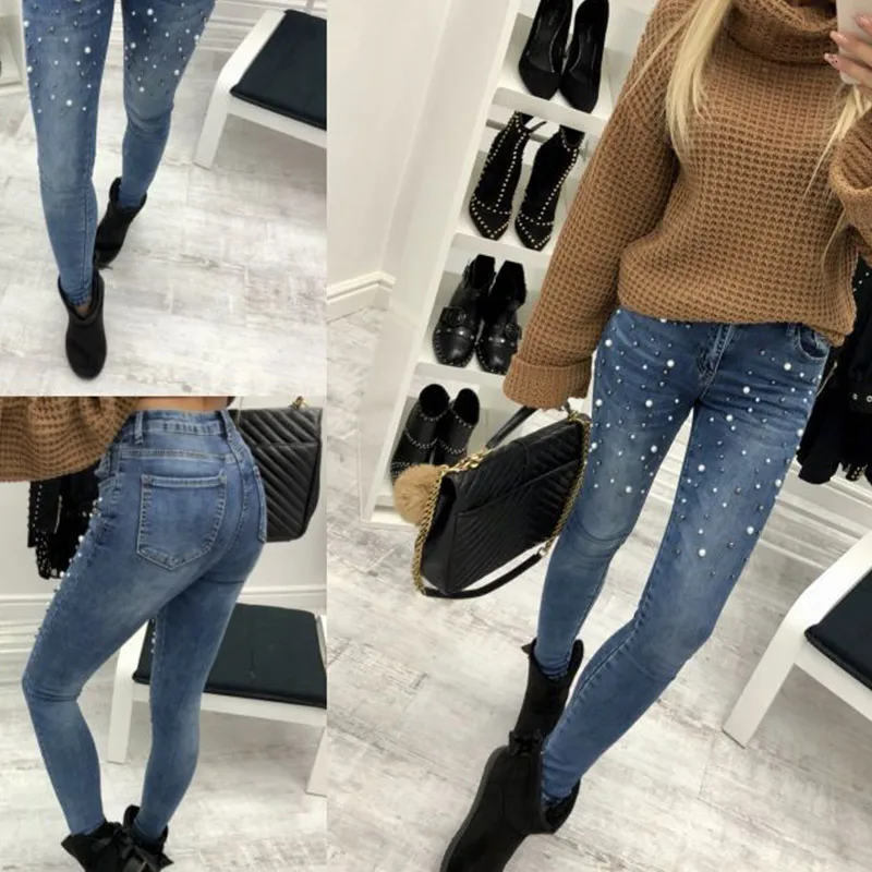 

Newly Spring Autumn Women Jeans High Waist Stretch Denim Pencil Pants Casual Slim Fit Rivet Pearl Trousers m99