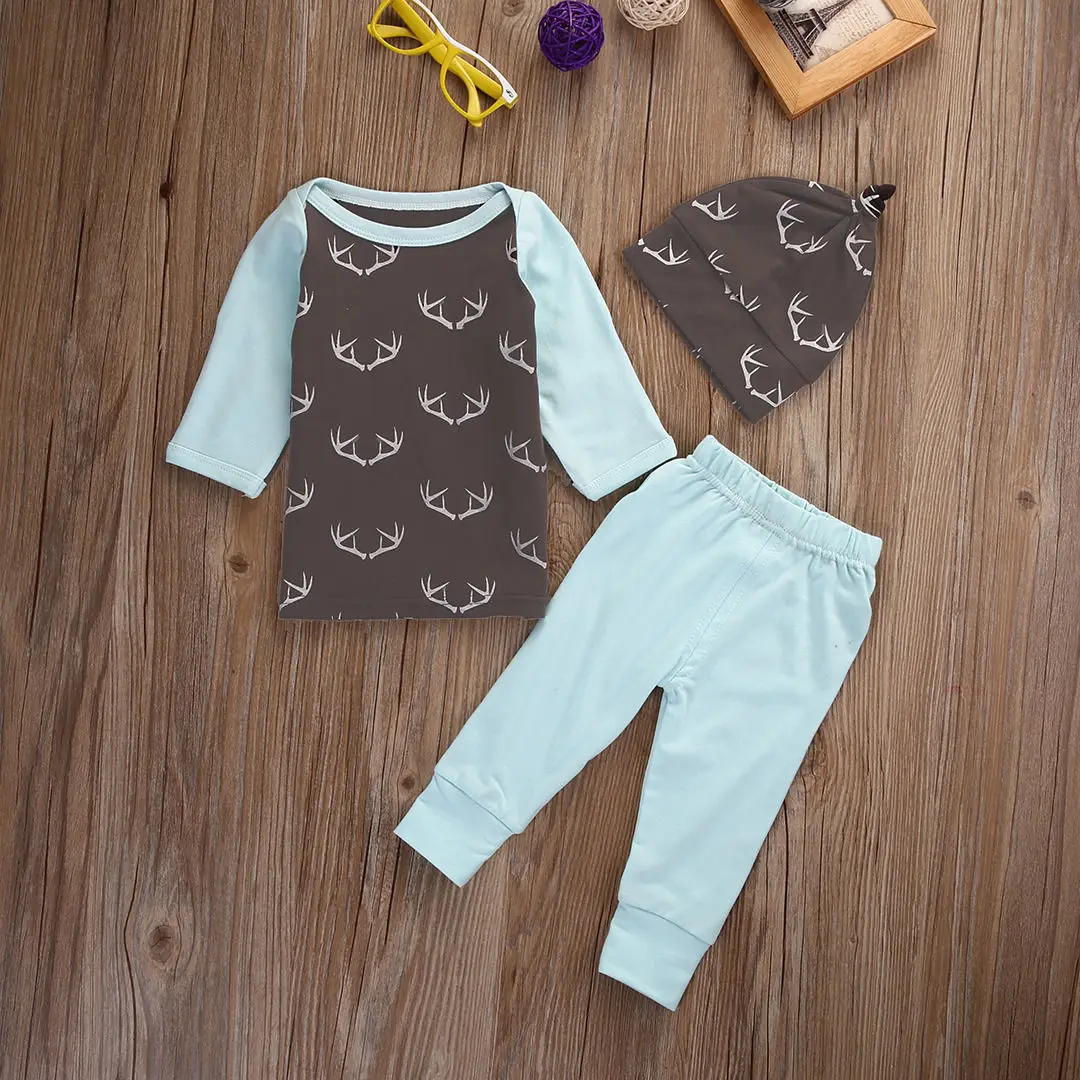 Новорожденный Ребенок Девочка Мальчик Одежда Олень Топы футболка + Брюки Шляпа 3