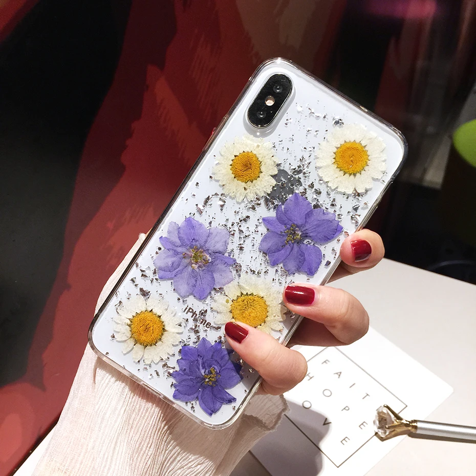Qianliyao Роскошные настоящие сухие цветы чехол для телефона iPhone 6 6S 7 8 Plus X Чехлы
