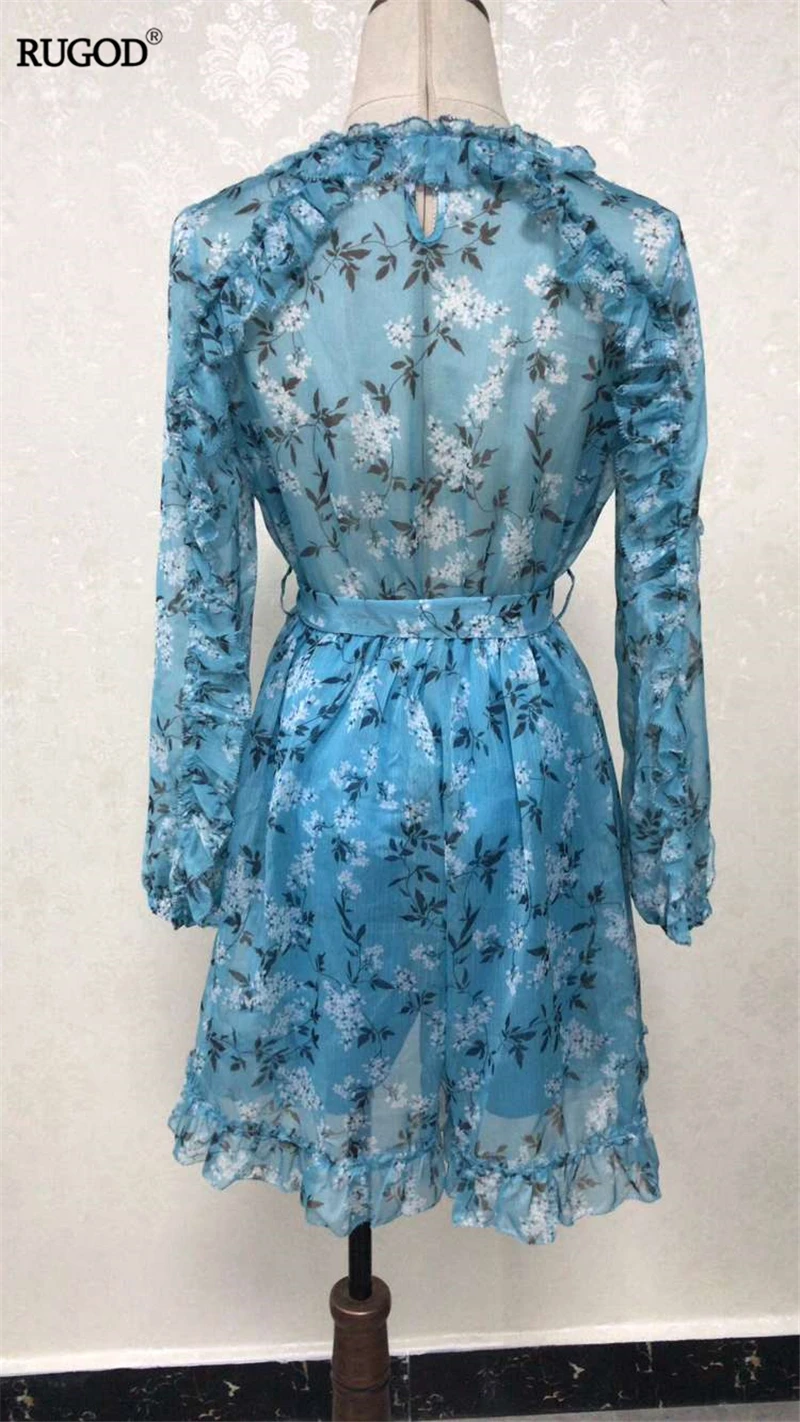 

RUGOD Elegant Real Silk women bodysuit With Belt boho style floral print Ruffle Jumpsuit Romper 2019 summer beach playsuit femme