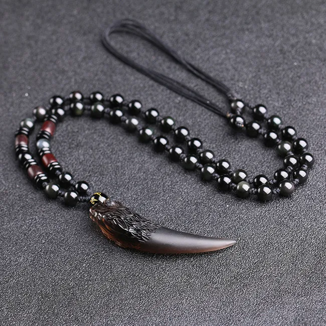 L size Full beads Натуральный обсидиан волк кулон «Клык» ожерелье s Ручная Веревка для женщин мужчин влюбленных ожерелье Модные украшения для подарка Прямая поставка - Окраска металла: L size Full beads