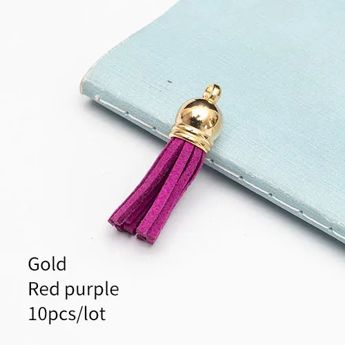 Gold Red purple 10 штук 35 мм кожаные подвески с кисточками из искусственной замши с шапками для брелоков, ремешки для ключей, аксессуары для самостоятельного изготовления, многоцветные - Цвет: Gold Red purple