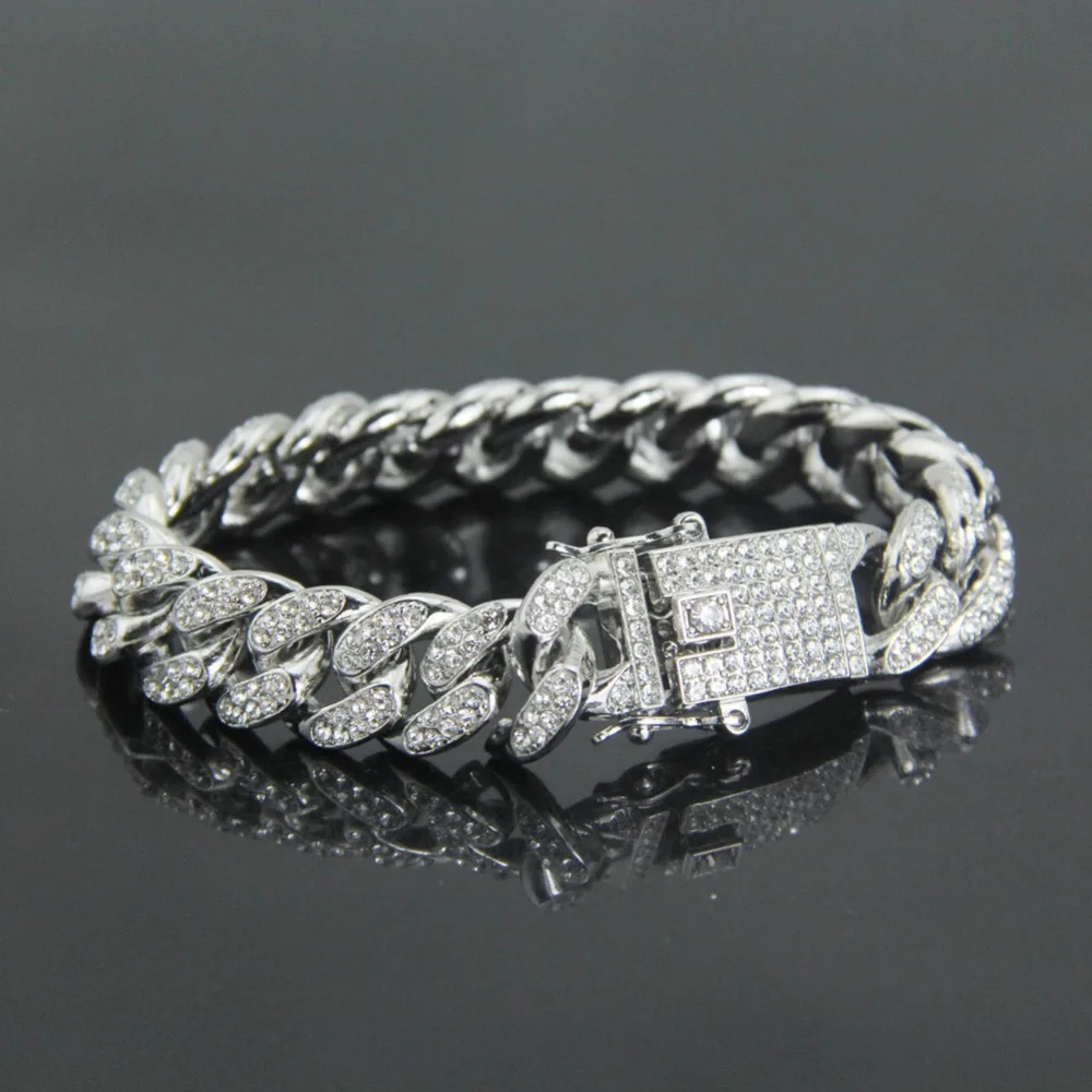 Панк Iced Out Bling Полный горный хрусталь США кубинские браслеты-цепочки 12 мм хип хоп серебряные ювелирные изделия Модные Pulseras Para Hombre