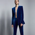 Женский бархатный костюм из двух предметов, элегантный деловой костюм темно-синего цвета из жакета и брюк, облегающая офисная униформа, на заказ