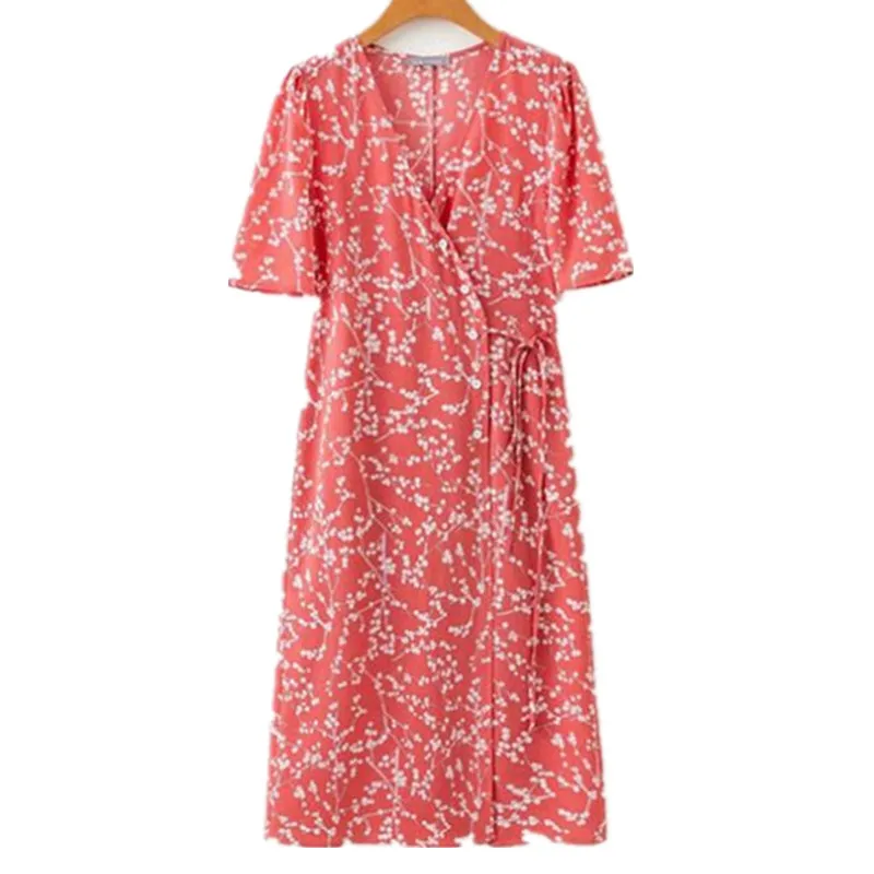 Женское пляжное платье с запахом красное повседневное элегантное в уличном