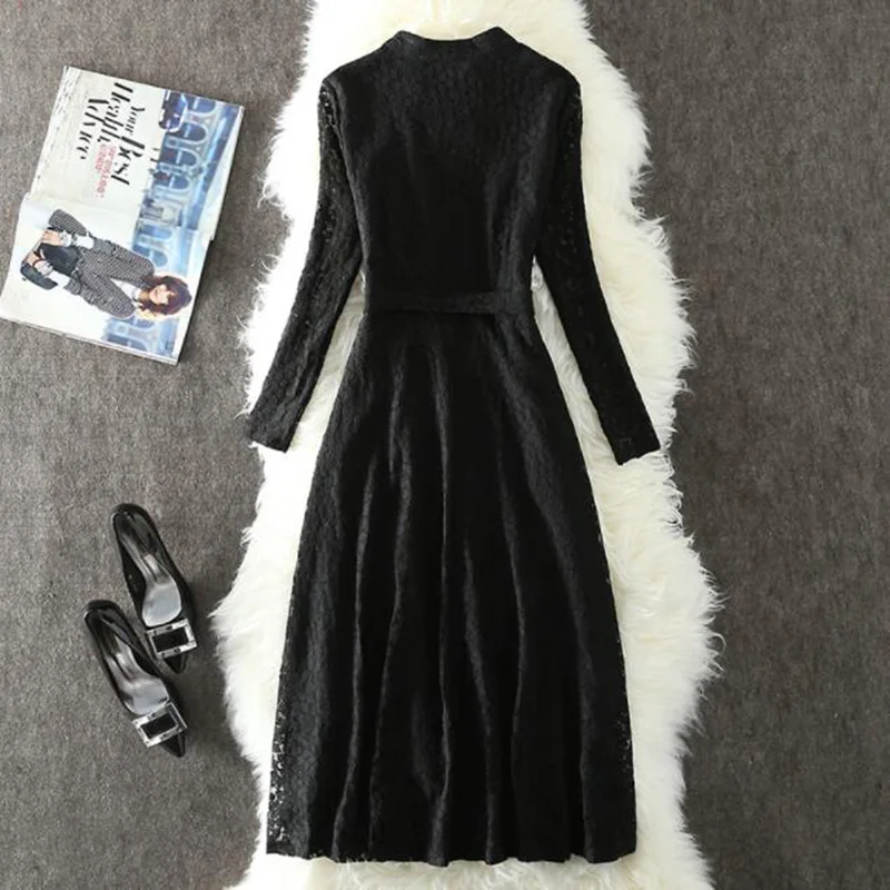 2019 Spring Autumn Women Dress Vintage Long Sleeve Lace Elegant Slim Single-breasted Party Dresses Vestidos | Женская одежда
