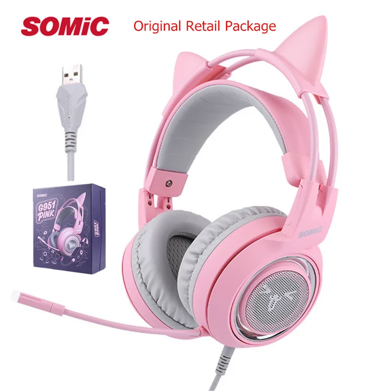 Pink Retail Box SOMIC G951 USB 7,1 гарнитура объемный звук Игровые наушники бас шлем с кошачьими ушками микрофон Вибрация для ПК ноутбук Розовый Дети Девочка - Цвет: Pink Retail Box