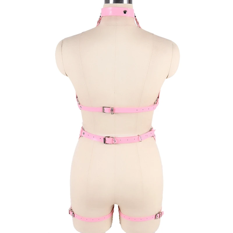 

Punk Gothic Pink Garter Belt Women Full Leather Harness Hollow Out Cupless Bra Sets