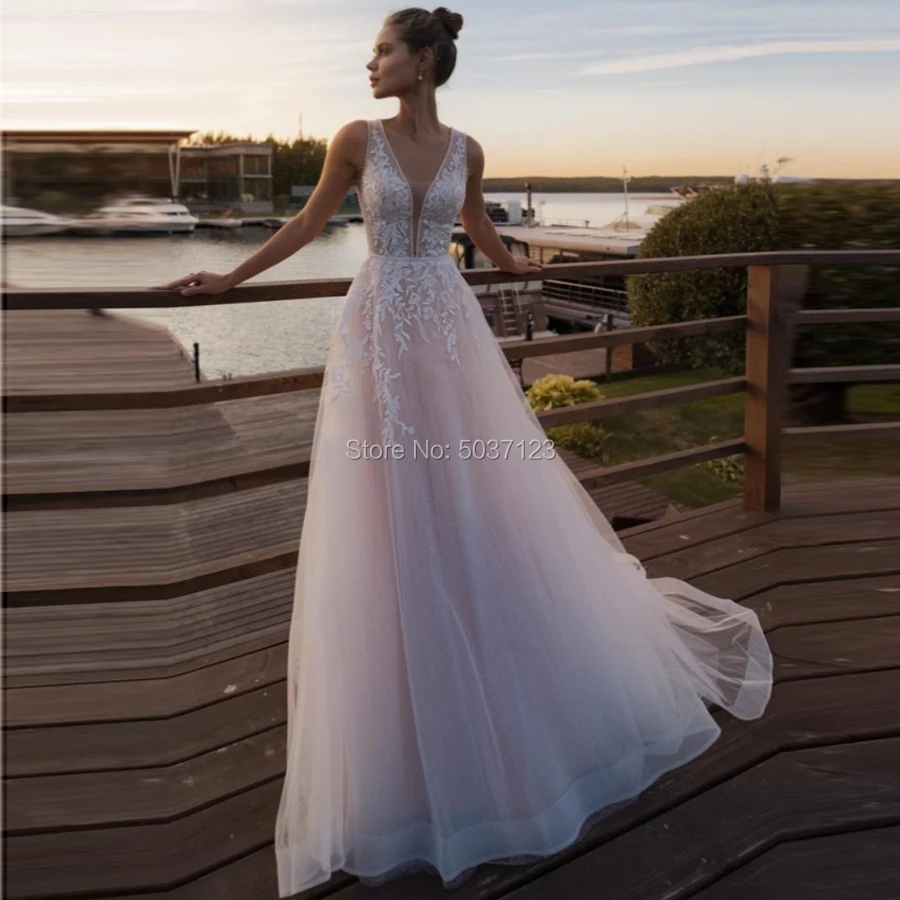 A Line Wedding Dresses Tulle Lace Appliques Sleeveless Deep V Neck Bridal Gown Vestido De Noiva with Court Train 2021 | Свадьбы и